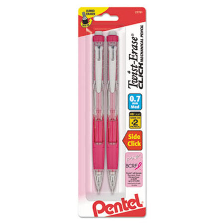 Pentel® Twist-Erase CLICK Mechanical Pencil, 0.7 mm, HB (#2.5), Black Lead, Pink Barrel, 2/Pack