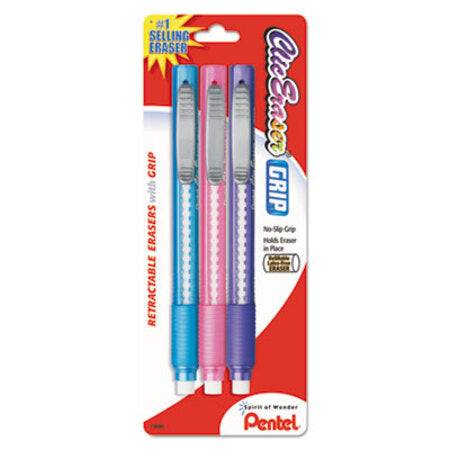 Pentel® Clic Eraser Grip Eraser, White Polyvinyl Chloride Eraser, Randomly Assorted Barrel Colors, 3/Pack