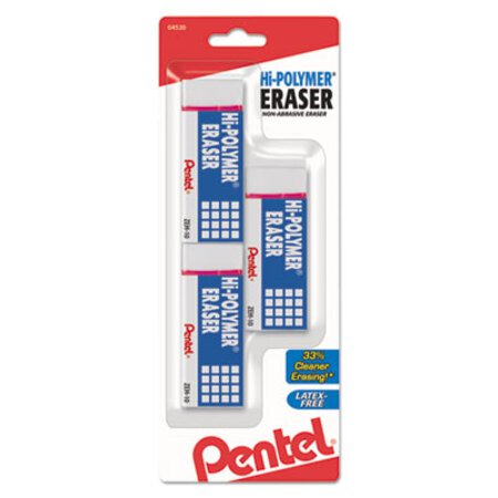 Pentel® Hi-Polymer Eraser, Rectangular, Medium, White, Latex-Free Hi-Polymer, 3/Pack