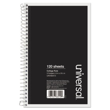 Universal® Wirebound Notebook, 3 Subjects, Medium/College Rule, Black Cover, 9.5 x 6, 120 Sheets