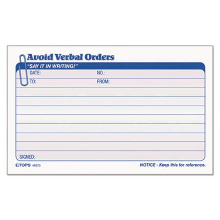 TOPS™ Avoid Verbal Orders Manifold Book, 6 1/4 x 4 1/4, 2-Part Carbonless, 50 Sets/BK