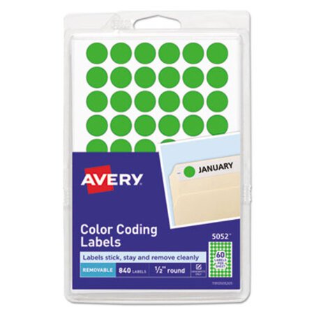 Avery® Handwrite Only Self-Adhesive Removable Round Color-Coding Labels, 0.5" dia., Neon Green, 60/Sheet, 14 Sheets/Pack, (5052)