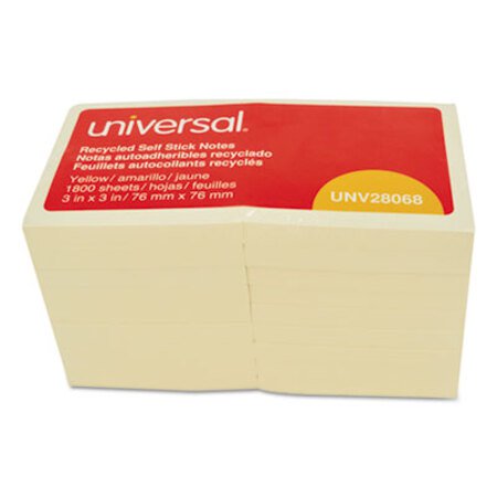 Universal® Recycled Self-Stick Note Pads, 3 x 3, Yellow; 100-Sheet, 18/Pack