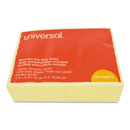 Universal® Recycled Self-Stick Note Pads, Lined, 4 x 6, Yellow, 100-Sheet, 12/Pack