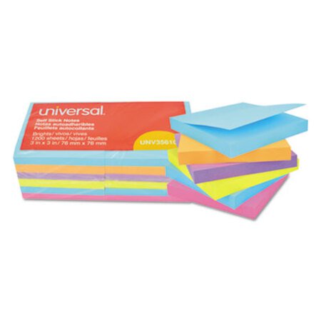 Universal® Self-Stick Note Pads, 3 x 3, Assorted Bright Colors, 100-Sheet, 12/PK