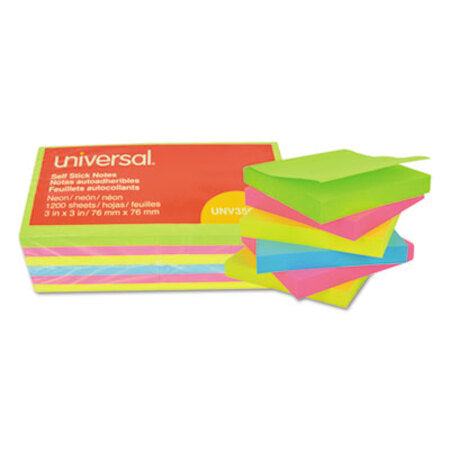 Universal® Self-Stick Note Pads, 3 x 3, Assorted Neon Colors, 100-Sheet, 12/Pack