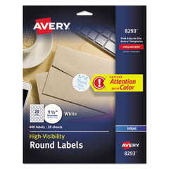 Avery® Vibrant Inkjet Color-Print Labels w/ Sure Feed, 1 1/2" dia, White, 400/PK