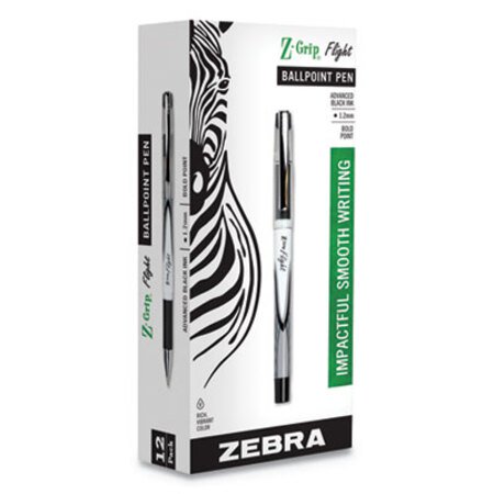 zebra® Z-Grip Flight Stick Ballpoint Pen, 1.2mm, Black Ink, White/Black Barrel, Dozen