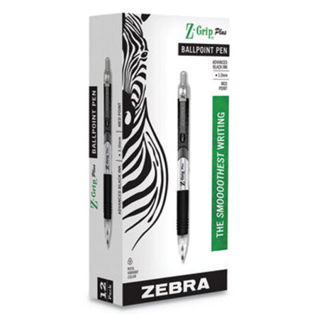 zebra® Z-Grip Plus Retractable Ballpoint Pen, Medium 1mm, Black Ink/Barrel, Dozen