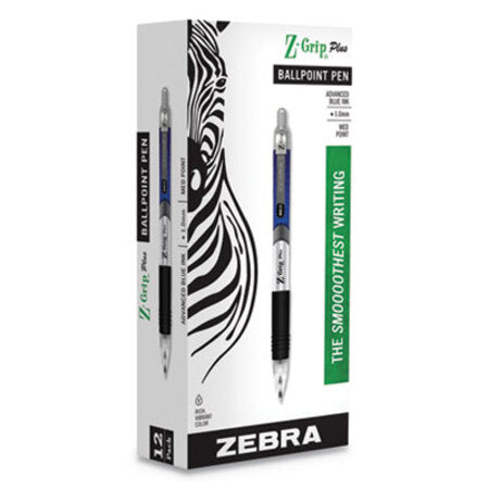 zebra® Z-Grip Plus Retractable Ballpoint Pen, Medium 1mm, Blue Ink/Barrel, Dozen