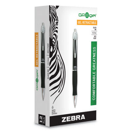zebra® GR8 Retractable Gel Pen, Medium 0.7mm, Black Ink, Black/Silver Barrel, Dozen