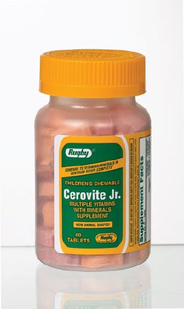 Major Pharmaceuticals Multivitamin Supplement Cerovite Jr. Vitamin A / Cholcalciferol / Calcium 3500 IU - 400 IU - 108 mg Strength Chewable Tablet 60 per Bottle Assorted Fruit Flavors
