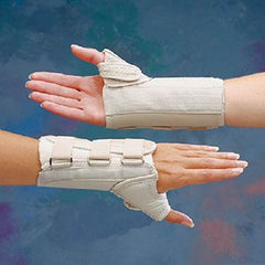 Patterson Medical Supply Wrist Brace with Thumb Spica Rolyan® D-Ring™ Original Aluminum / Cotton / Polyester Right Hand Beige Large