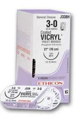 Suture with Needle Coated Vicryl Absorbable Coated Violet Suture Braided Polyglactin 910 Size 0 27 Inch Suture 1-Needle 26 mm Length 1/2 Circle - Compound Curve Taper Point Needle