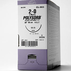 Suture with Needle Polysorb Absorbable Coated Violet Suture Braided Polyester Size 3 - 0 30 Inch Suture 1-Needle 16 mm Length 3/8 Circle Reverse Cutting Needle