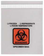 RD Plastics Company Specimen Transport Bag 13 X 18 Inch Plastic Adhesive Closure Biohazard Symbol / Storage Instructions NonSterile