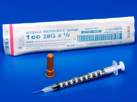 Cardinal Tuberculin Syringe with Needle Monoject™ 1 mL 28 Gauge 1/2 Inch Attached Needle Without Safety