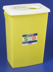 Cardinal Chemotherapy Waste Container SharpSafety™ 17-3/4 H X 11 D X 15-1/2 W Inch 8 Gallon Yellow Base / White Lid Vertical Entry Gasketed Sliding Lid