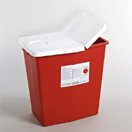 Cardinal Sharps Container SharpSafety™ 18-3/4 H X 12-3/4 W X 18-1/4 D Inch 12 Gallon Red Base / White Lid Vertical Entry Gasketed Hinged Lid