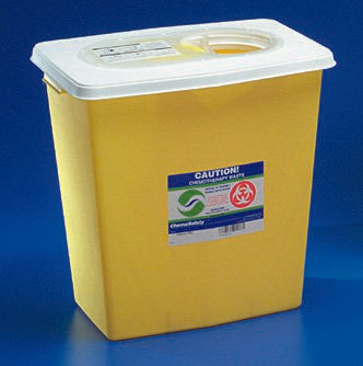 Cardinal Chemotherapy Waste Container SharpSafety™ 18-3/4 H X 12-3/4 D X 18-1/4 W Inch 12 Gallon Yellow Base / White Lid Vertical Entry Gasketed Sliding Lid