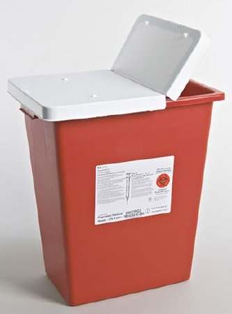 Cardinal Sharps Container SharpSafety™ 17-3/4 H X 11 W X 15-1/2 D Inch 8 Gallon Red Base / White Lid Horizontal / Vertical Entry Gasketed Hinged Lid