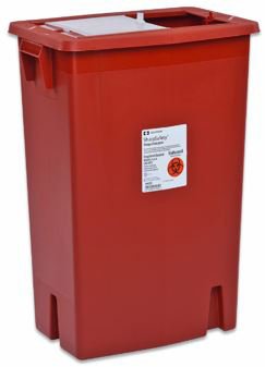 Cardinal Sharps Container SharpSafety™ 17-1/2 H X 15-1/2 W X 11 D Inch 8 Gallon Red Base / White Lid Vertical Entry Gasketed Sliding Lid