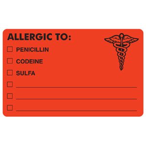 Tabbies Pre-Printed Label Allergy Alert Red Allergic To: / Penicillin / Codeine / Sulfa / _________ / _________/ _________ Black Alert Label 2-1/2 X 4 Inch - M-486777-4444 - Roll of 1