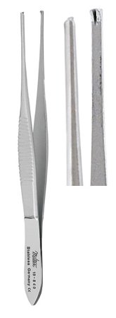 Miltex Tissue Forceps Miltex® Strabismus 4 Inch Length OR Grade German Stainless Steel NonSterile NonLocking Thumb Handle Straight Serrated Tips with 1 X 2 Teeth - M-499415-2759 - Each