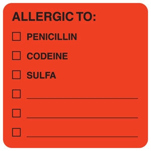 Tabbies Pre-Printed Label Allergy Alert Red Allergic To: / Penicillin / Codeine / Sulfa / _________ / _________/ _________ Black Alert Label 2 X 2 Inch - M-500251-2724 - Roll of 1