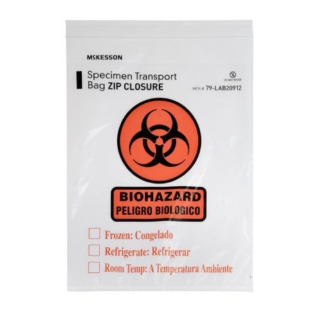 Specimen Transport Bag with Document Pouch McKesson 9 X 12 Inch LDPE Zip Closure Biohazard Symbol / Storage Instructions NonSterile