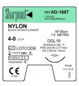 Suture with Needle Sharpoint® Nonabsorbable Uncoated Black Suture Monofilament Nylon Size 4 - 0 18 Inch Suture 1-Needle 19 mm Length 3/8 Circle Dermaglide Needle