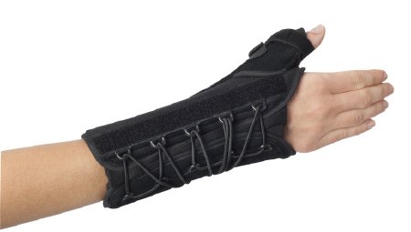 DJO Wrist Brace with Thumb Spica ProCare® Quick-Fit® W.T.O. Aluminum / Foam / Nylon Right Hand Black One Size Fits Most