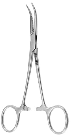 Miltex Hemostatic Forceps MeisterHand® Dandy 5-1/2 Inch Length Surgical Grade German Stainless Steel NonSterile Ratchet Lock Finger Ring Handle Curved Sideways Serrated Tips - M-565232-4148 - Each