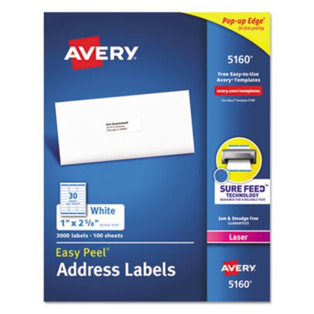 Avery® Easy Peel White Address Labels w/ Sure Feed Technology, Laser Printers, 1 x 2.63, White, 30/Sheet, 100 Sheets/Box