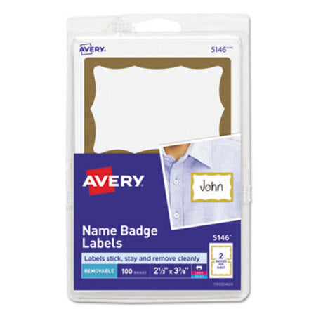 Avery® Printable Adhesive Name Badges, 3.38 x 2.33, Gold Border, 100/Pack