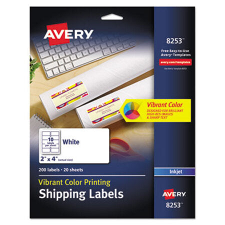 Avery® Vibrant Inkjet Color-Print Labels w/ Sure Feed, 2 x 4, Matte White, 200/PK