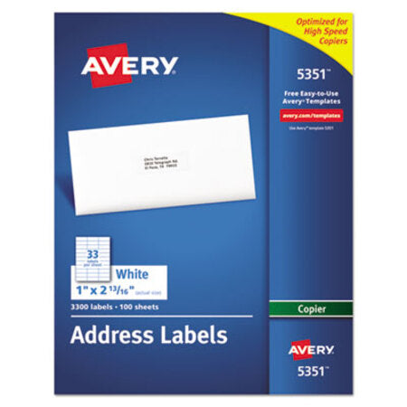 Avery® Copier Mailing Labels, Copiers, 1 x 2.81, White, 33/Sheet, 100 Sheets/Box