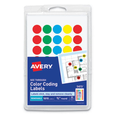 Avery® Handwrite-Only Self-Adhesive "See Through" Removable Round Color Dots, 0.75" dia., Assorted, 35/Sheet, 29 Sheets/Pack, (5473)