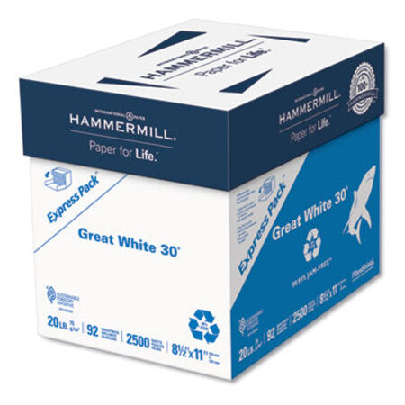 Hammermill® Great White 30 Recycled Print Paper, 92 Bright, 20 lb, 8.5 x 11, White, 2,500 Sheets/Carton