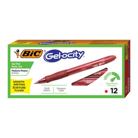 Bic® Gel-ocity Retractable Gel Pen, 0.7 mm, Red Ink, Translucent Red Barrel, Dozen