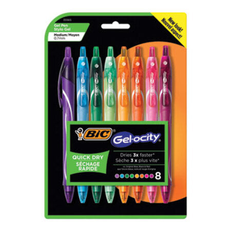 Bic® Gel-ocity Quick Dry Retractable Gel Pen, 0.7mm, Assorted Ink/Barrel, 8/Pack