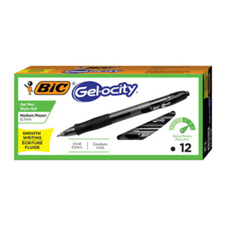 Bic® Gel-ocity Retractable Gel Pen, 0.7 mm, Black Ink, Translucent Black Barrel, Dozen