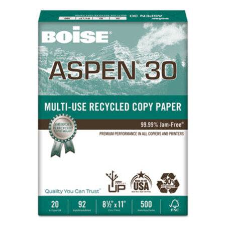 Boise® ASPEN 30 Multi-Use Recycled Paper, 92 Bright, 20lb, 8.5 x 11, White, 500 Sheets/Ream, 10 Reams/Carton