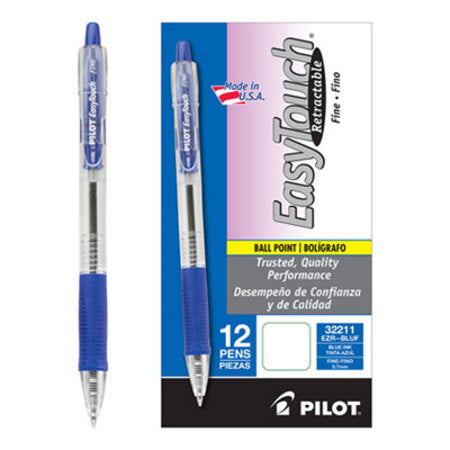 Pilot® EasyTouch Retractable Ballpoint Pen, Fine 0.7mm, Blue Ink, Clear Barrel, Dozen
