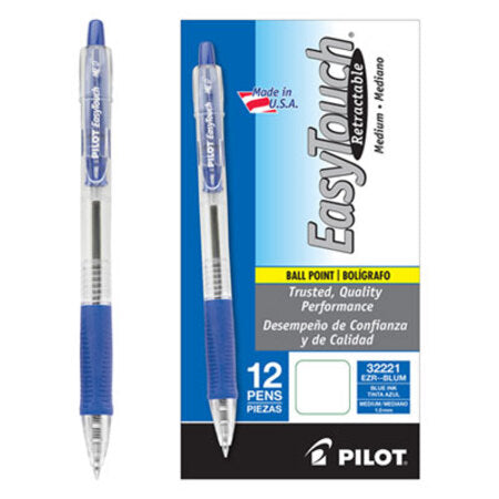 Pilot® EasyTouch Retractable Ballpoint Pen, Medium 1mm, Blue Ink, Clear Barrel, Dozen