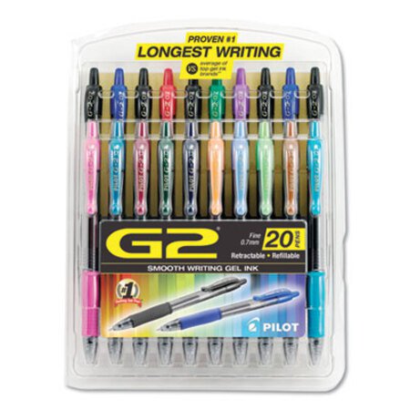 Pilot® G2 Premium Retractable Gel Pen, Fine 0.7 mm, Assorted Ink/Barrel, 20/Set