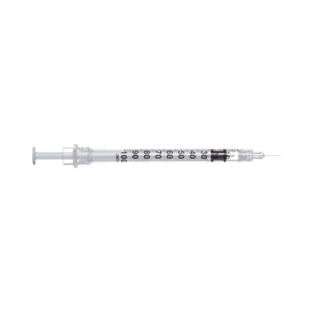 Sol-Millennium Medical Insulin Syringe with Needle Sol-Care™ 1 mL 28 Gauge 1/2 Inch Attached Needle Retractable Needle