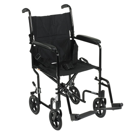 Drive Medical Lightweight Transport Chair Aluminum Frame with Black Finish 300 lbs. Weight Capacity Fixed Height / Padded Arm Black Upholstery