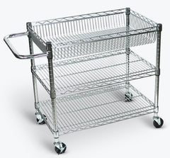 Luxor Transport Cart Chrome Plated Steel 30 X 18 X 30 Inch Silver One 3 1/2 Inch Deep Tub Shelf, Two 1 Inch Deep Tub Shelves