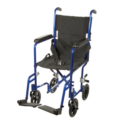 Drive Medical Lightweight Transport Chair Aluminum Frame with Blue Finish 300 lbs. Weight Capacity Fixed Height / Padded Arm Black Upholstery